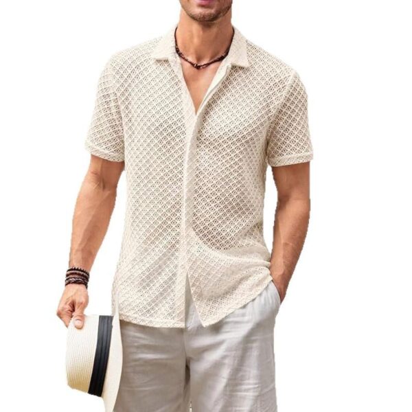 Fashion Solid Color Polo Collar Short Sleeve Mesh Shirt Men's Tops - Image 3